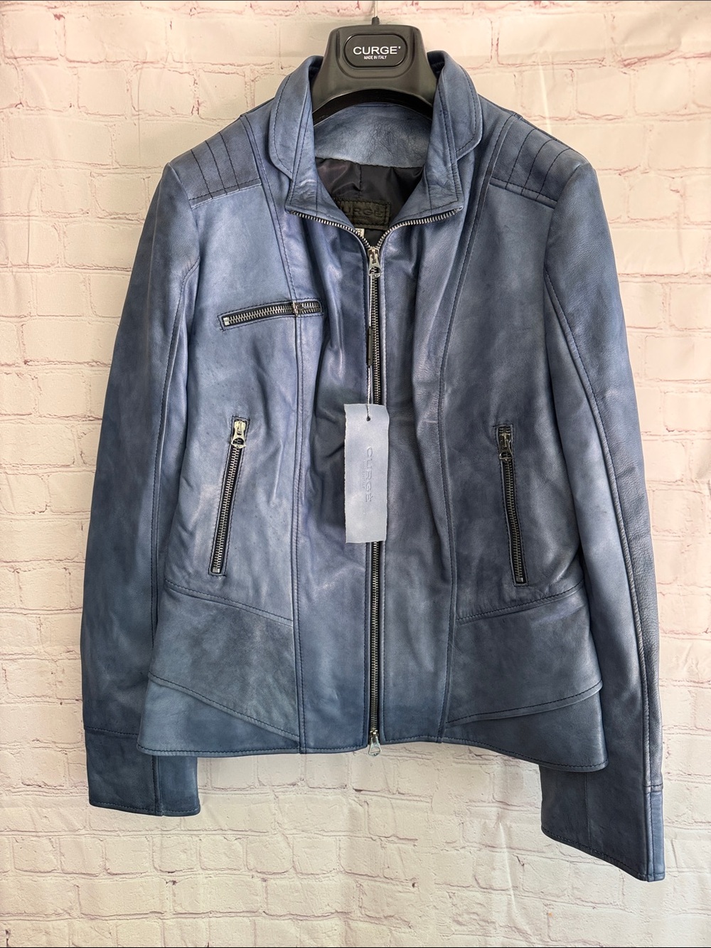 Italian Leather Blue Bomber Zip Jacket  by CURGÉ Woman’s Size EU 52 US 2XL